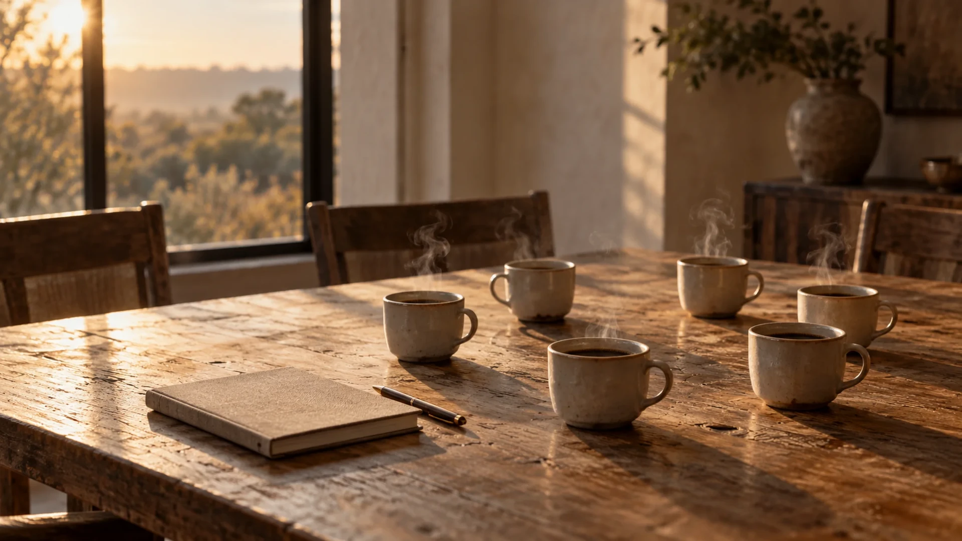 Six steaming ceramic coffee cups on a worn teak table in low morning light, with a closed linen notebook and a pen, and empty wooden chairs beside a window looking out over the bush