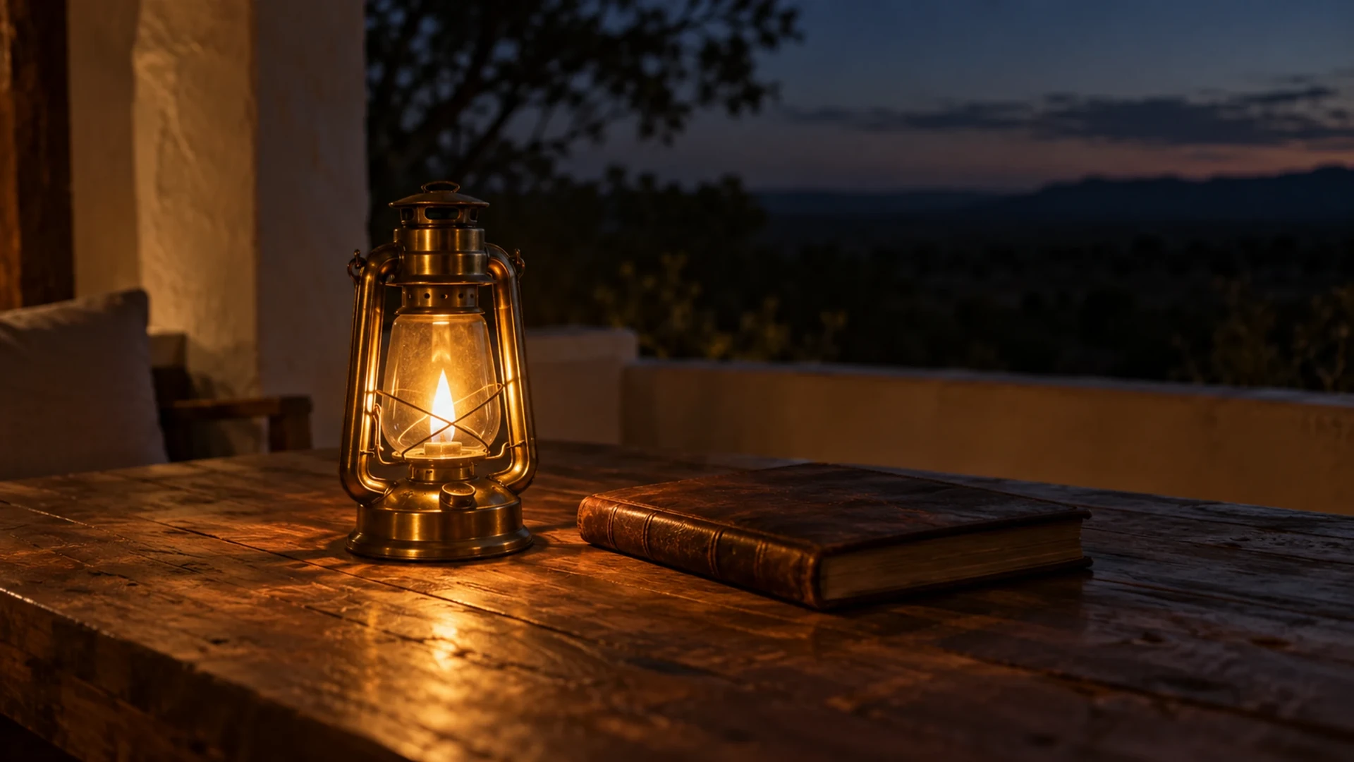 A single brass lantern burning steadily on a worn wooden table on a lodge veranda at dusk, with a closed leather ledger beside it and the bush and last light beyond